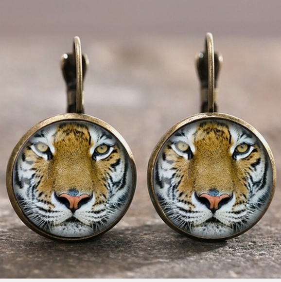 New Tiger Glass Cabochon Bronze Earrings - Picture 1 of 4
